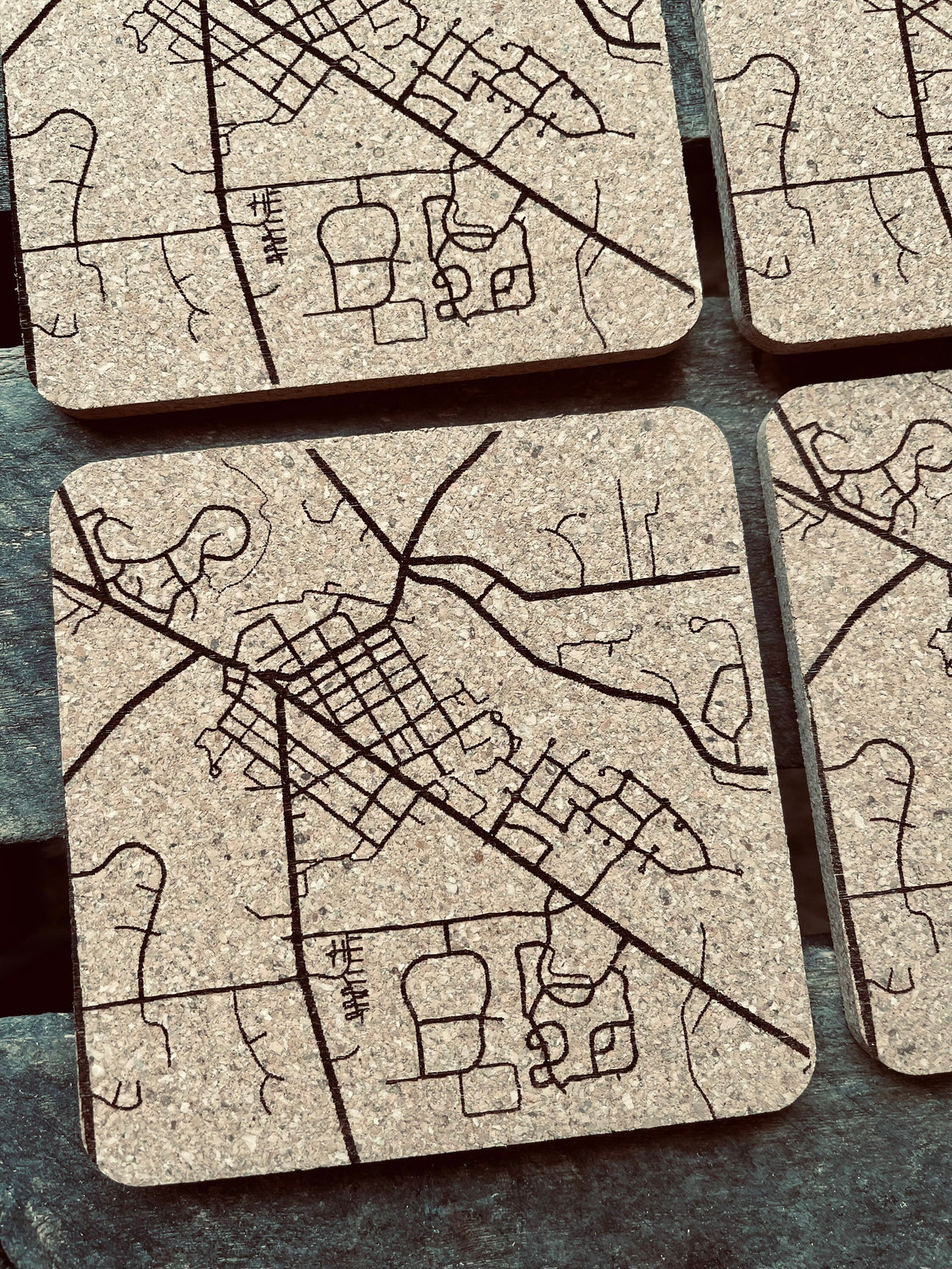 Streets of Dexter Cork Coasters | Laser Engraved Set of 4