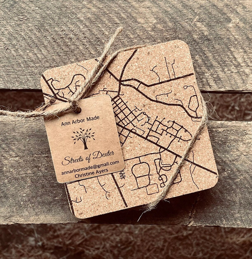 Streets of Dexter Cork Coasters | Laser Engraved Set of 4