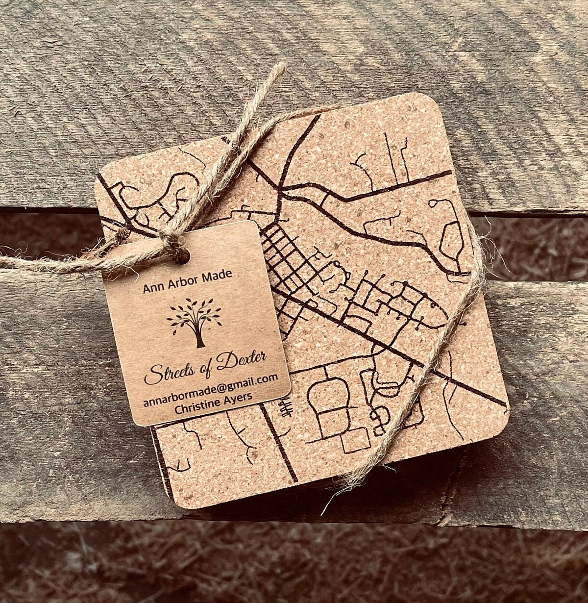 Streets of Dexter Cork Coasters | Laser Engraved Set of 4
