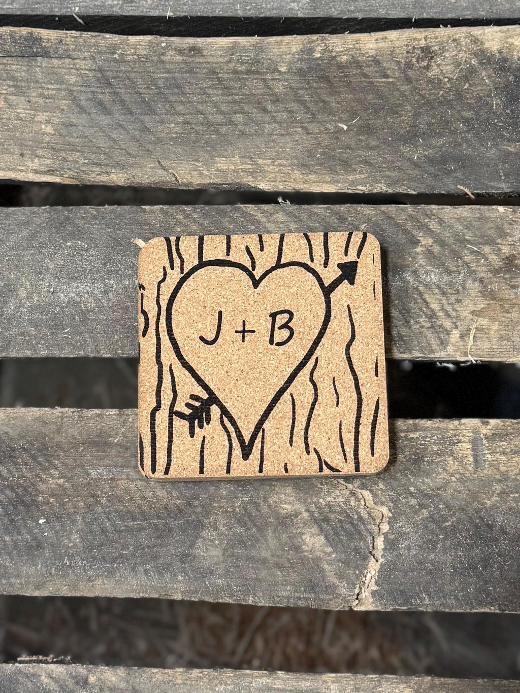 Engraved Initial Cork Coasters, Heart Design, Set of 4