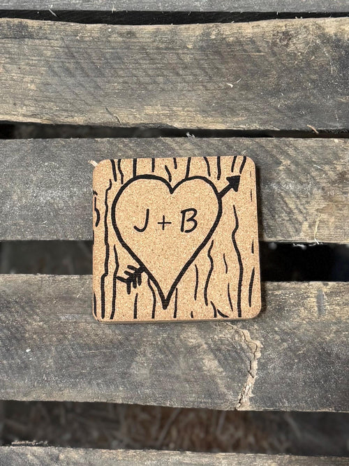 Engraved Initial Cork Coasters, Heart Design, Set of 4