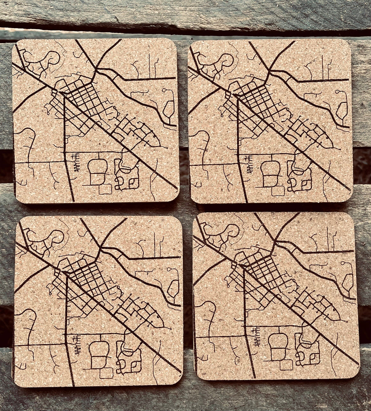Streets of Dexter Cork Coasters | Laser Engraved Set of 4