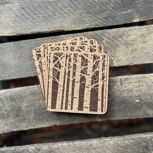 Laser Engraved Birch Forest Cork Coasters, Set of 4