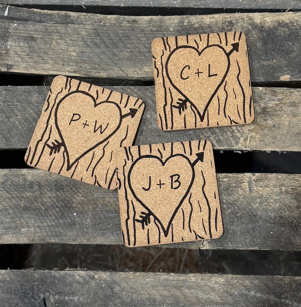 Engraved Initial Cork Coasters, Heart Design, Set of 4