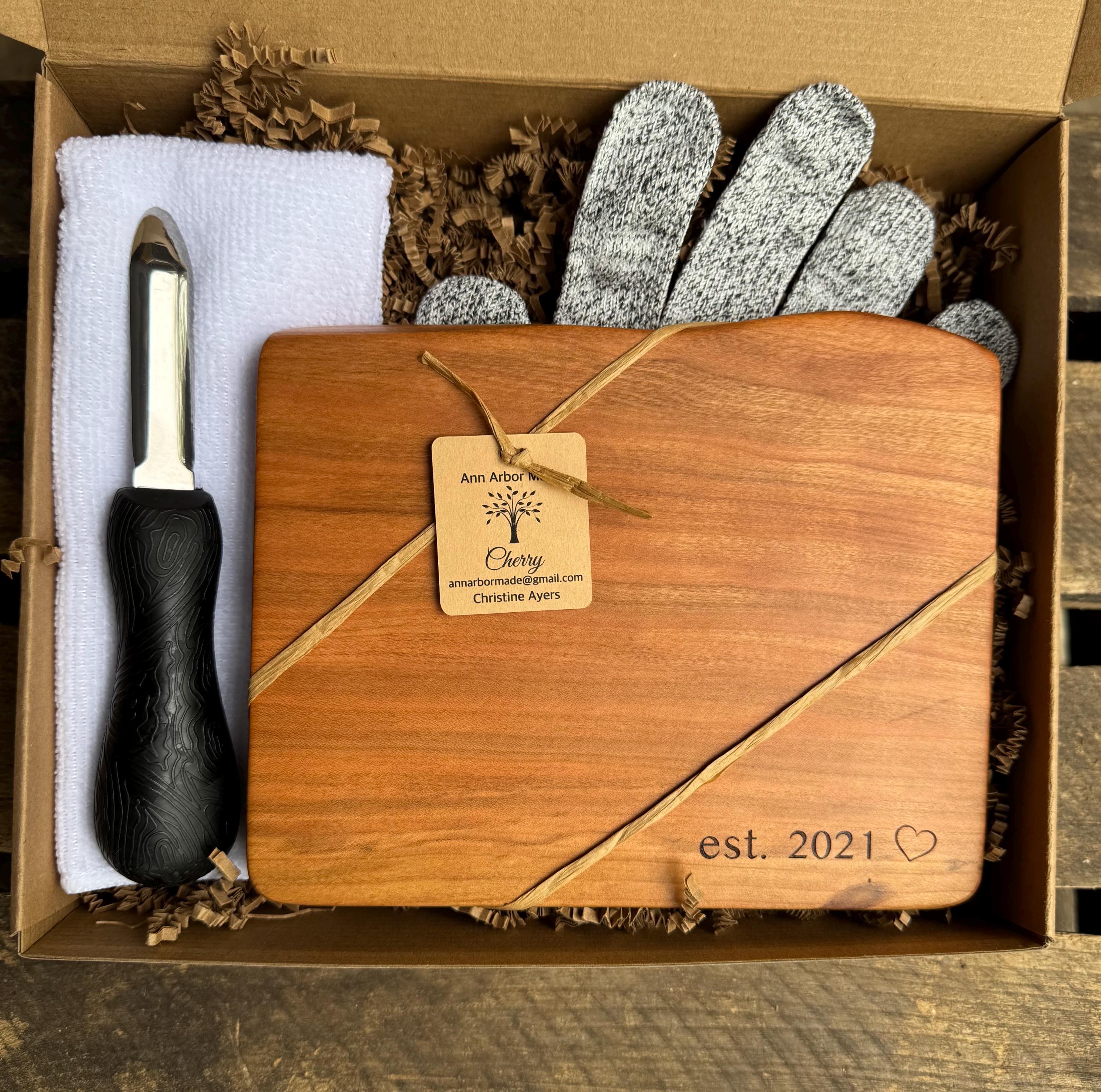 Personalized Oyster Shucking Kit, Knife, Glove, Towel, Ann Arbor Board