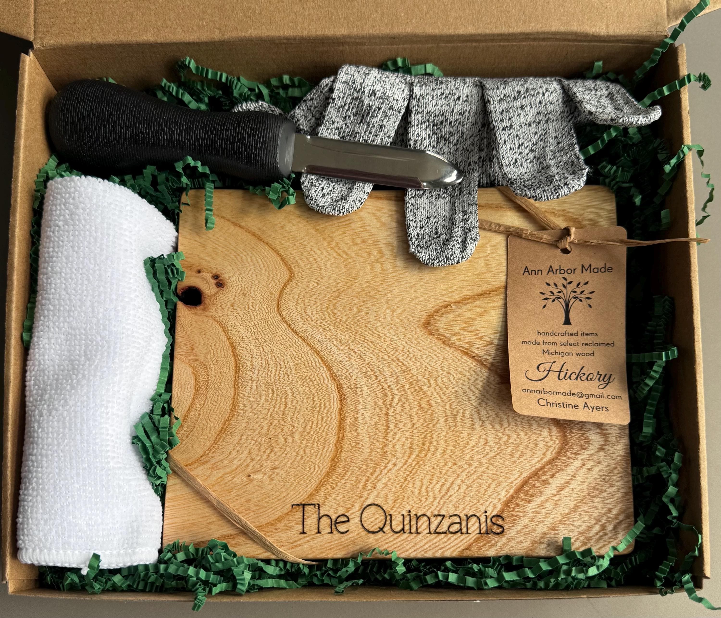 Personalized Oyster Shucking Kit, Knife, Glove, Towel, Ann Arbor Board