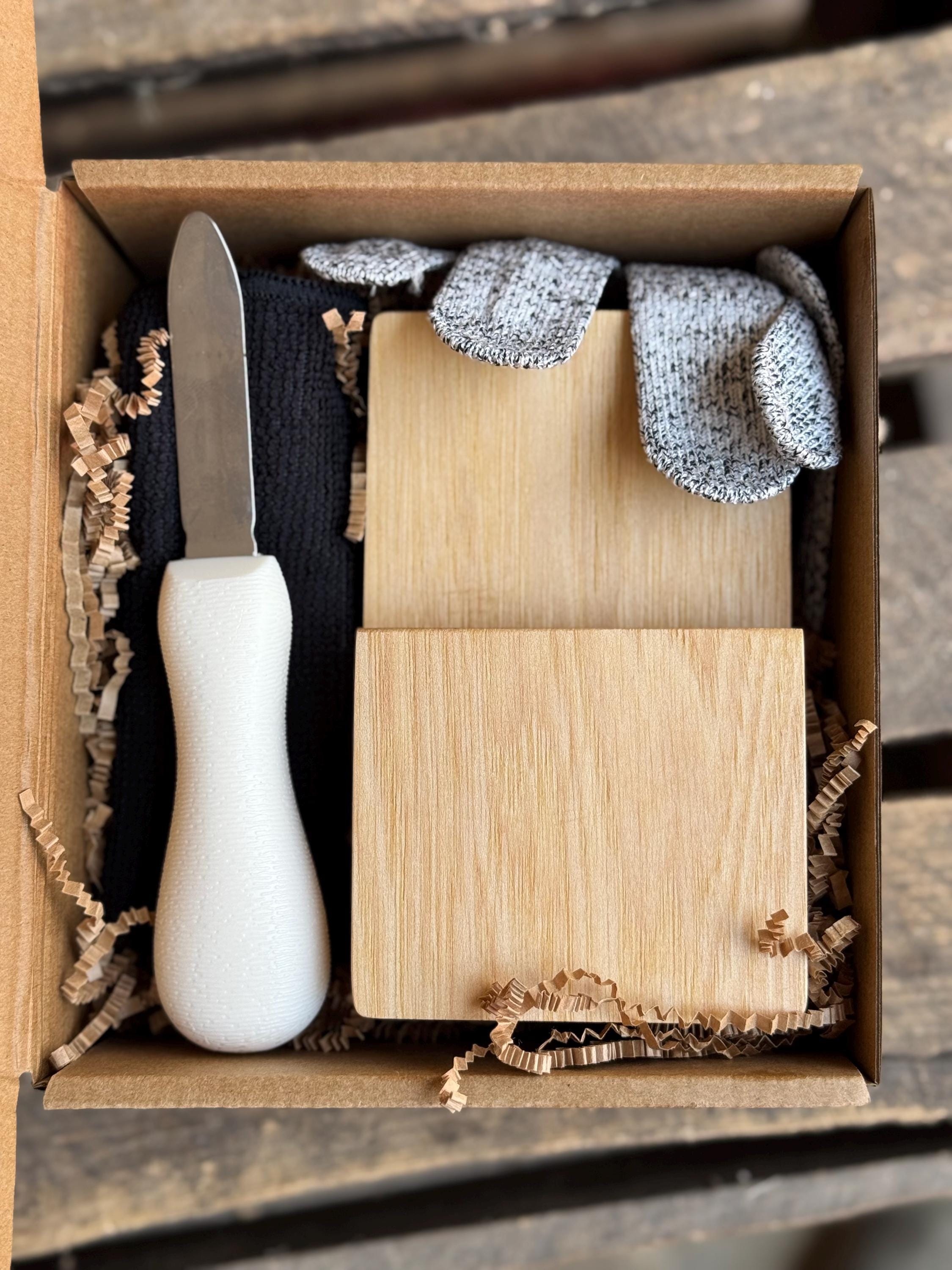 Oyster Shucking Clamp Kit: Knife, Glove & Towel, Ann Arbor Made