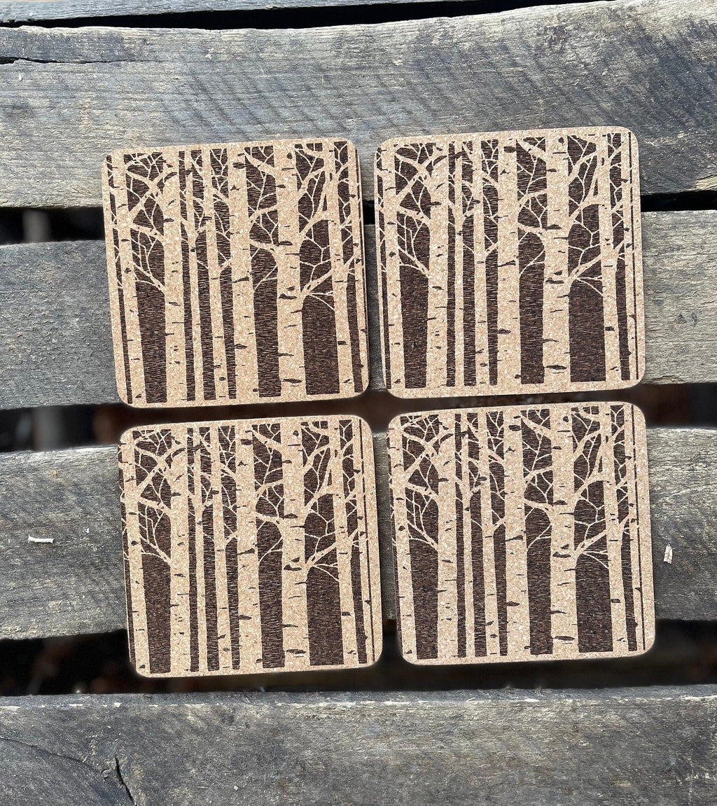 Laser Engraved Birch Forest Cork Coasters, Set of 4