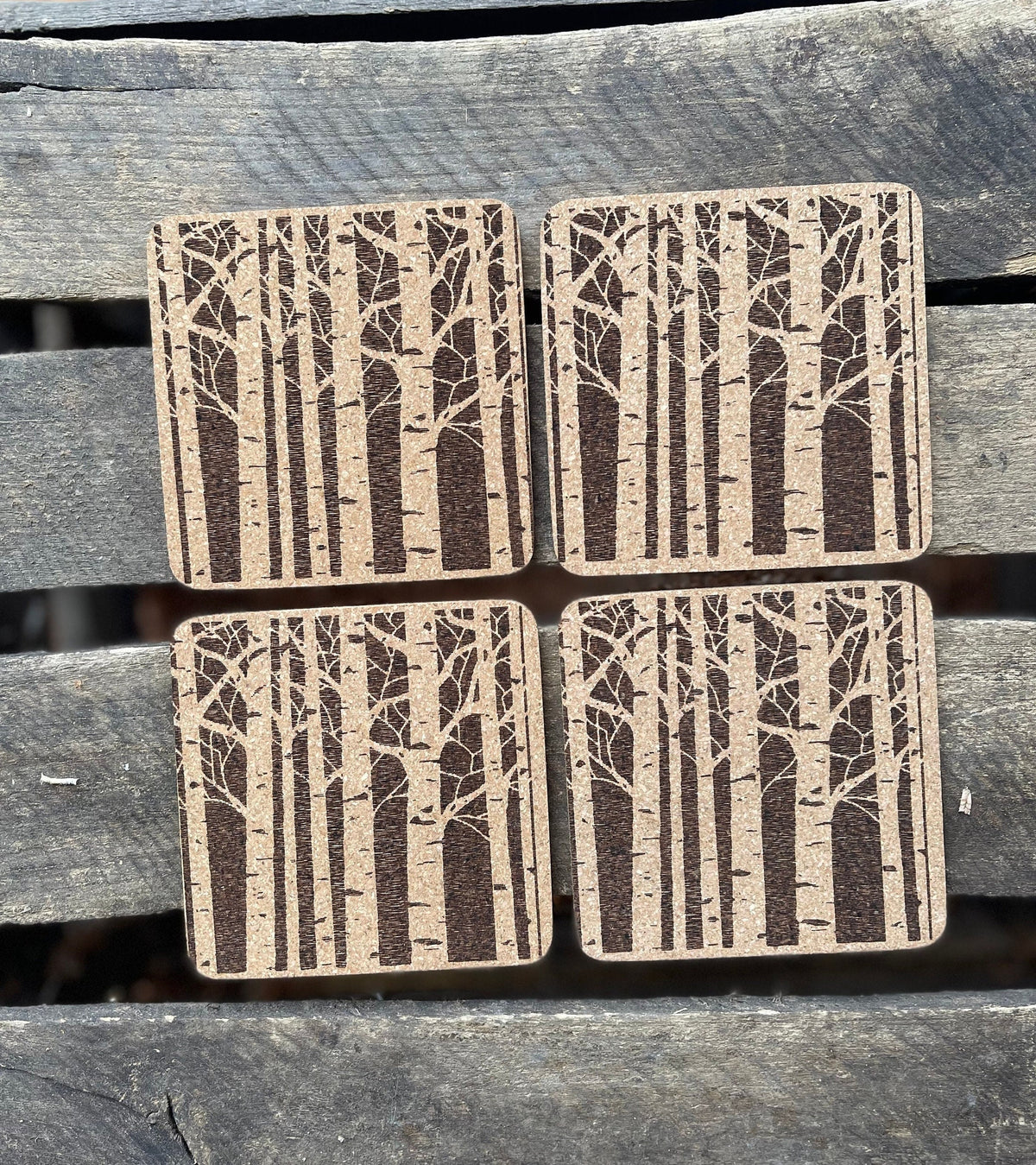 Laser Engraved Birch Forest Cork Coasters, Set of 4