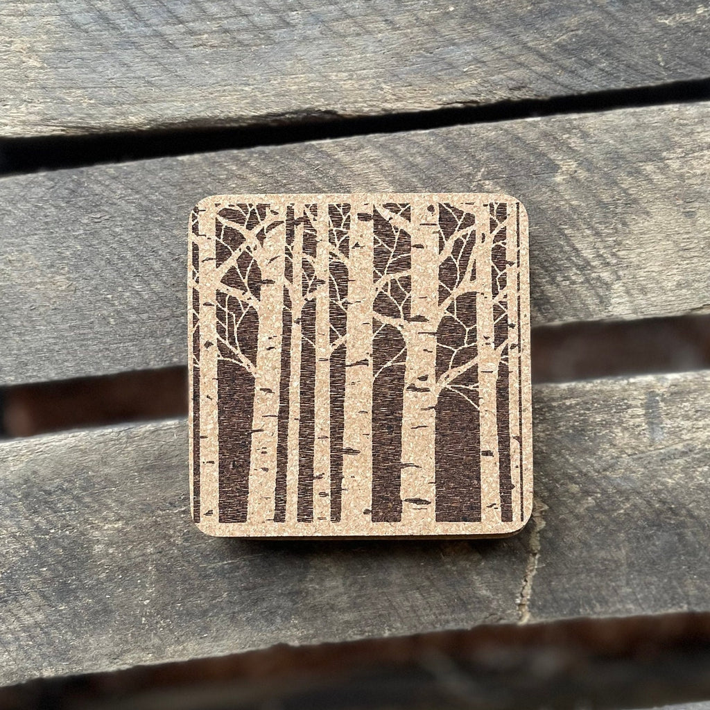 Laser Engraved Birch Forest Cork Coasters, Set of 4