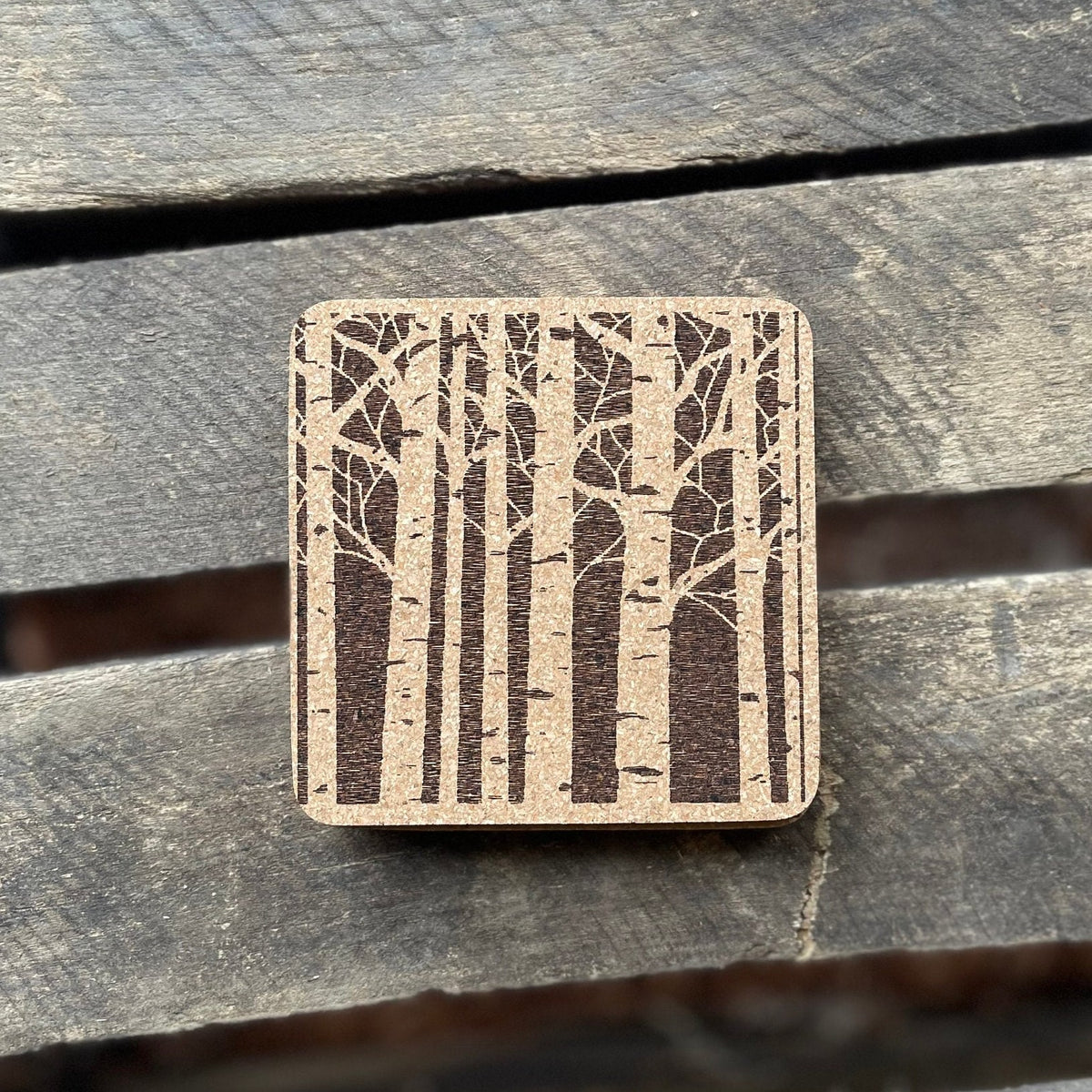 Laser Engraved Birch Forest Cork Coasters, Set of 4