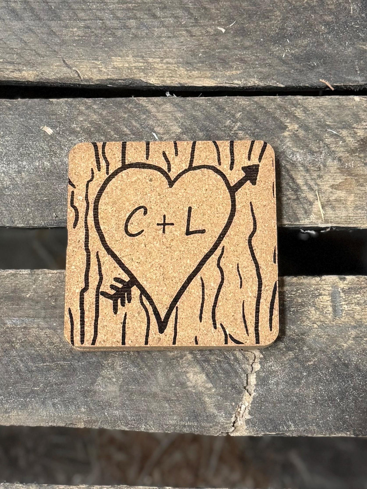 Engraved Initial Cork Coasters, Heart Design, Set of 4
