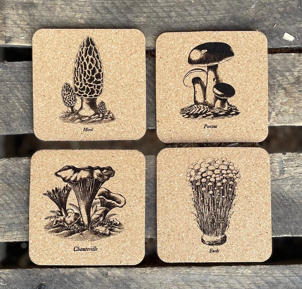 Mushroom Coasters Set | Laser Engraved Cork Set of 4