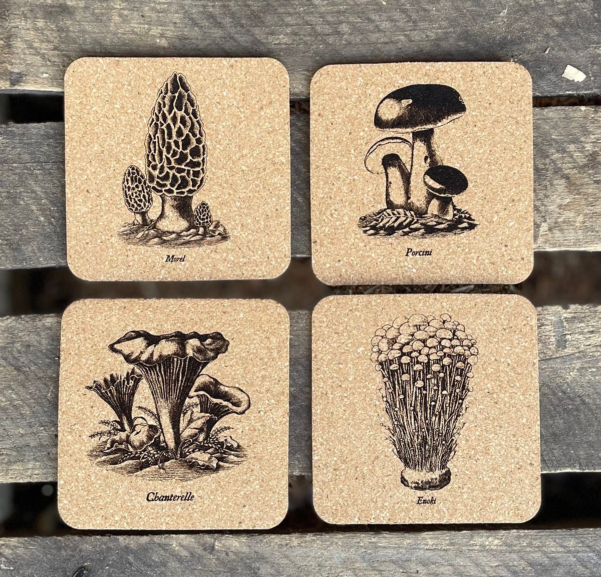 Mushroom Coasters Set | Laser Engraved Cork Set of 4