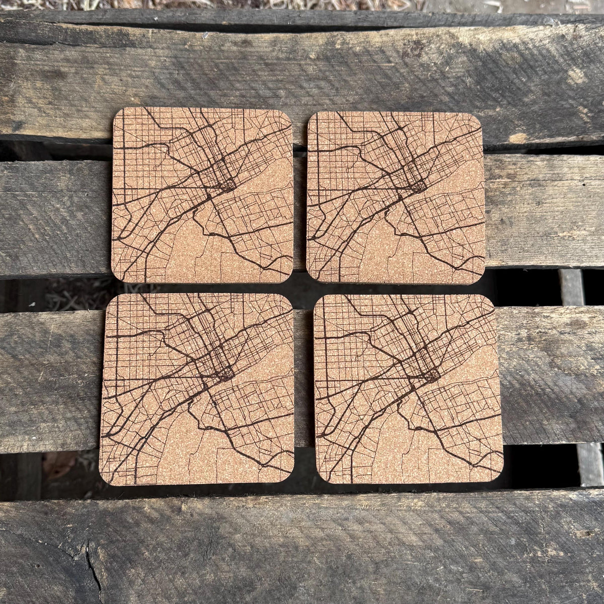 Streets of Detroit Cork Coasters | Laser Engraved Set of 4